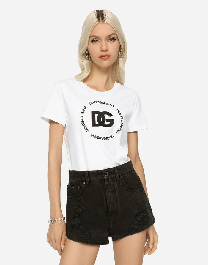 Dolce and Gabbana TShirts And Sweatshirts Women Interlock Tshirt With DG Logo White Dolce and Gabbana TShirts And Sweatshirts Women Interlock Tshirt With DG Logo White