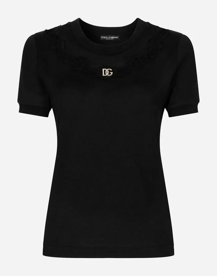 Dolce and Gabbana TShirts And Sweatshirts Women Jersey Tshirt With DG Logo And Lace Inserts Black Dolce and Gabbana TShirts And Sweatshirts Women Jersey Tshirt With DG Logo And Lace Inserts Black