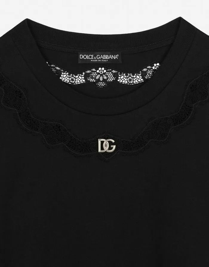Dolce and Gabbana TShirts And Sweatshirts Women Jersey Tshirt With DG Logo And Lace Inserts Black Dolce and Gabbana TShirts And Sweatshirts Women Jersey Tshirt With DG Logo And Lace Inserts Black