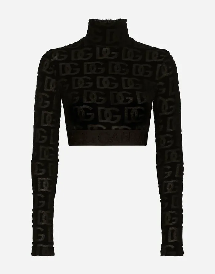 Dolce and Gabbana TShirts And Sweatshirts Women Longsleeved Jersey Jacquard Top With DG Logo Black Dolce and Gabbana TShirts And Sweatshirts Women Longsleeved Jersey Jacquard Top With DG Logo Black