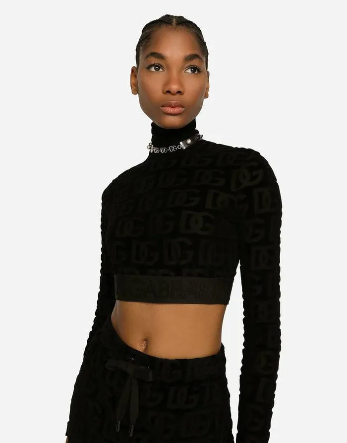 Dolce and Gabbana TShirts And Sweatshirts Women Longsleeved Jersey Jacquard Top With DG Logo Black Dolce and Gabbana TShirts And Sweatshirts Women Longsleeved Jersey Jacquard Top With DG Logo Black