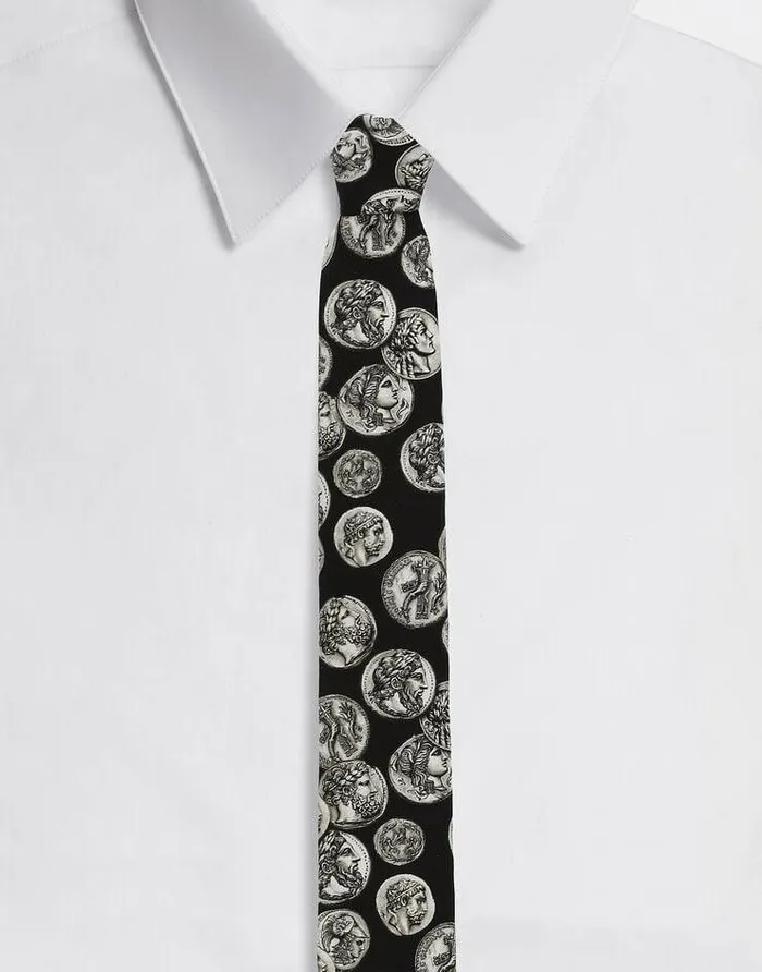 Dolce and Gabbana Ties And Pocket Squares Men Large Coin Print 6cm Silk Blade Tie White Dolce and Gabbana Ties And Pocket Squares Men Large Coin Print 6cm Silk Blade Tie White