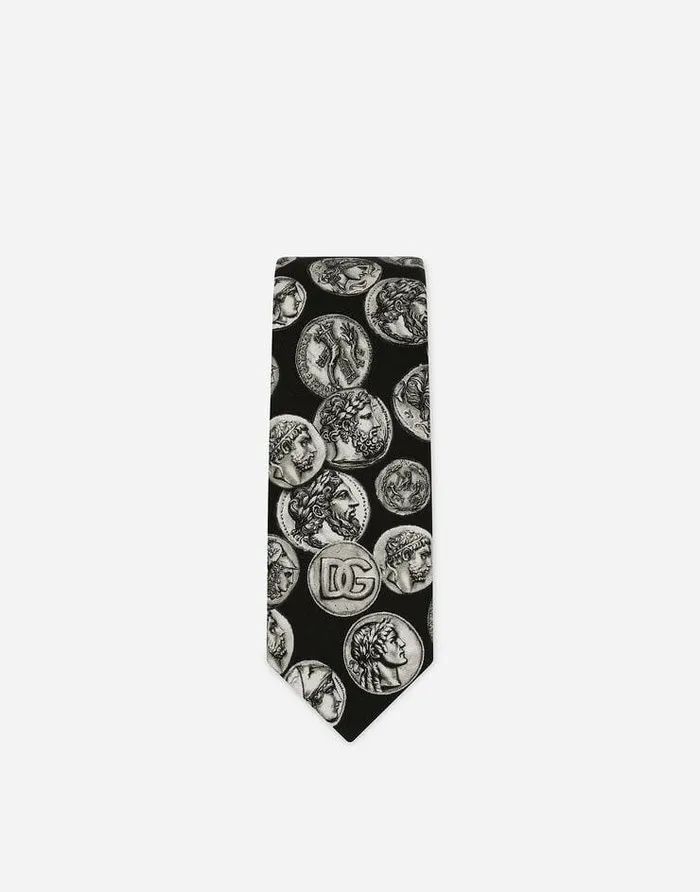 Dolce and Gabbana Ties And Pocket Squares Men Large Coin Print 6cm Silk Blade Tie White Dolce and Gabbana Ties And Pocket Squares Men Large Coin Print 6cm Silk Blade Tie White