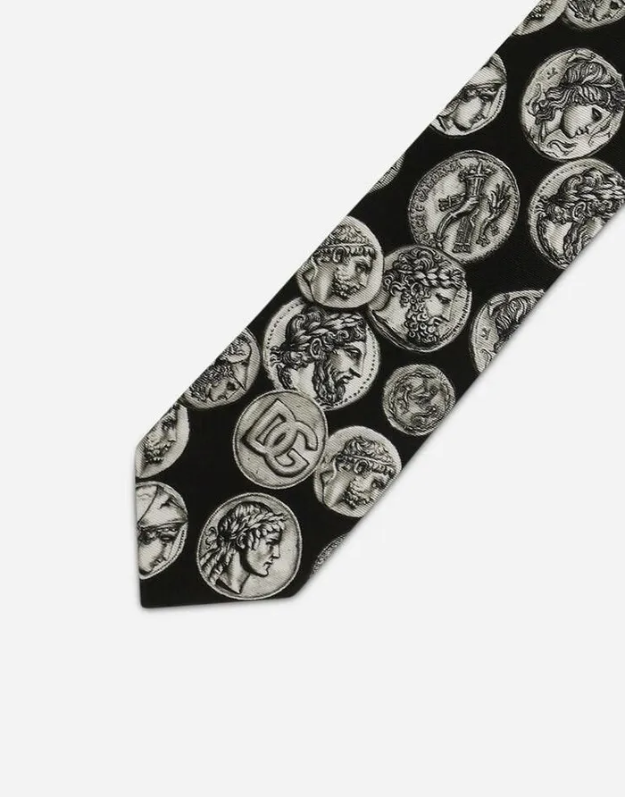 Dolce and Gabbana Ties And Pocket Squares Men Large Coin Print 6cm Silk Blade Tie White Dolce and Gabbana Ties And Pocket Squares Men Large Coin Print 6cm Silk Blade Tie White