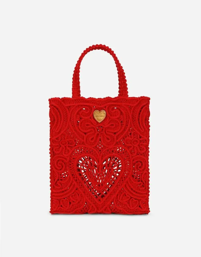 Dolce and Gabbana Totes Women Small Cordonetto Lace Beatrice Shopper Red