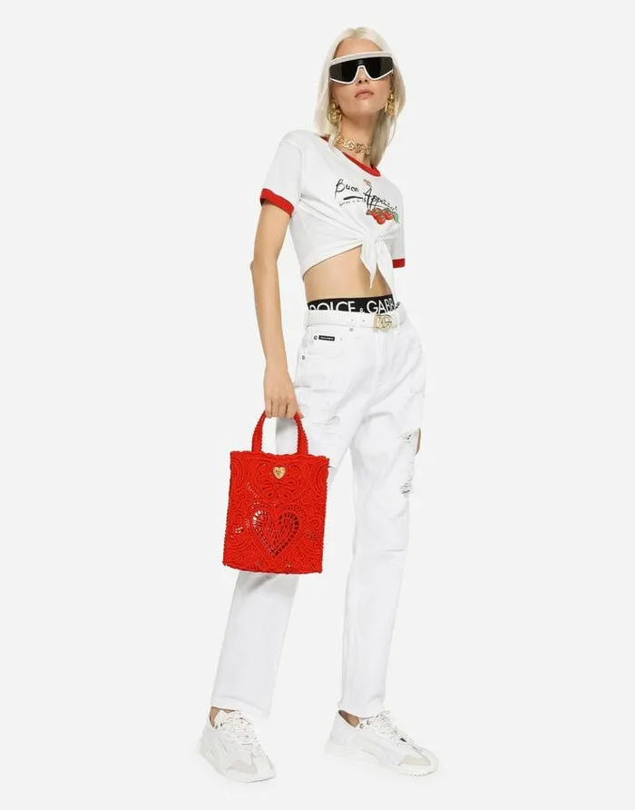 Dolce and Gabbana Totes Women Small Cordonetto Lace Beatrice Shopper Red Dolce and Gabbana Totes Women Small Cordonetto Lace Beatrice Shopper Red