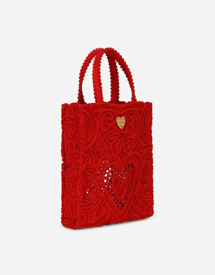 Dolce and Gabbana Totes Women Small Cordonetto Lace Beatrice Shopper Red Dolce and Gabbana Totes Women Small Cordonetto Lace Beatrice Shopper Red