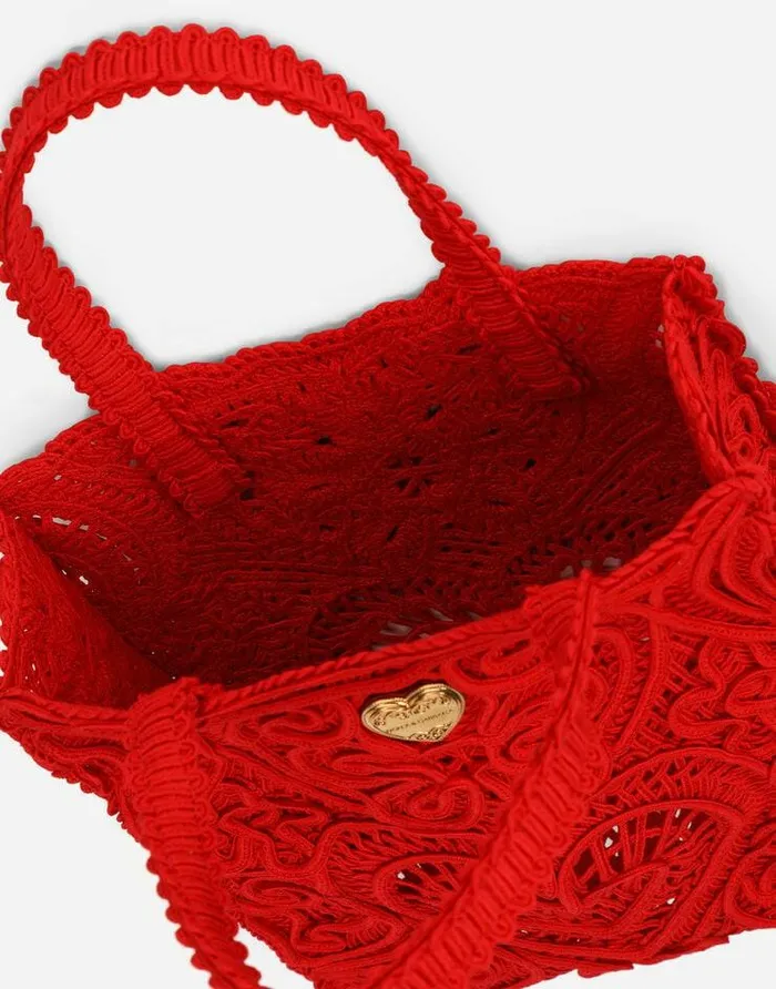 Dolce and Gabbana Totes Women Small Cordonetto Lace Beatrice Shopper Red Dolce and Gabbana Totes Women Small Cordonetto Lace Beatrice Shopper Red