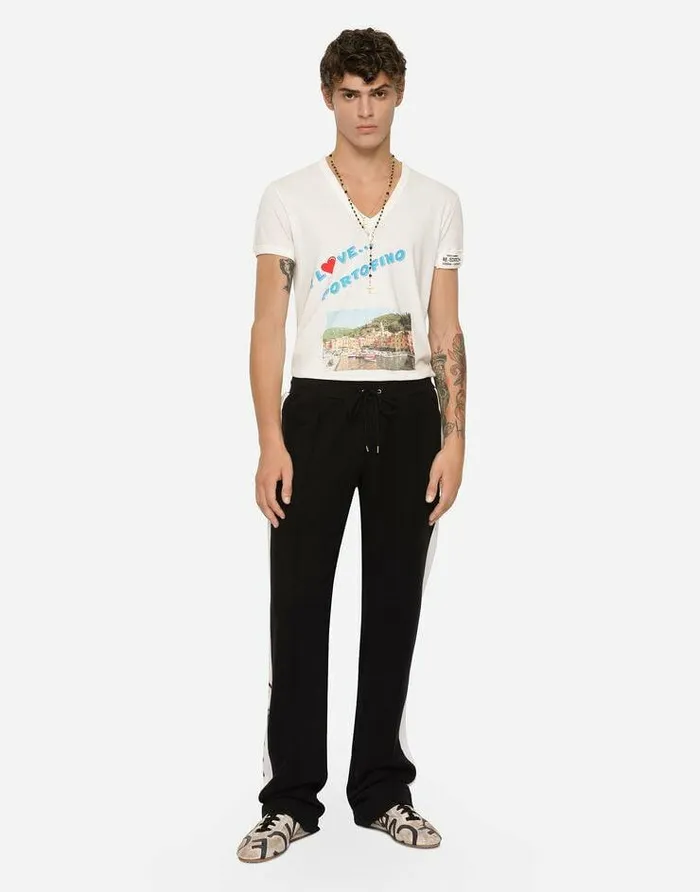 Dolce and Gabbana Trousers And Shorts Men Jersey Jogging Pants With Embroidered Bands Black Dolce and Gabbana Trousers And Shorts Men Jersey Jogging Pants With Embroidered Bands Black