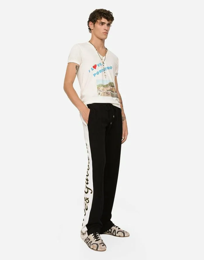 Dolce and Gabbana Trousers And Shorts Men Jersey Jogging Pants With Embroidered Bands Black Dolce and Gabbana Trousers And Shorts Men Jersey Jogging Pants With Embroidered Bands Black