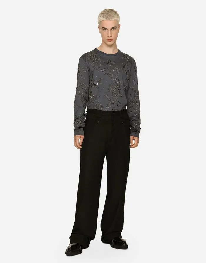 Dolce and Gabbana Trousers And Shorts Men Stretch Wool Pants With Double Belt Black Dolce and Gabbana Trousers And Shorts Men Stretch Wool Pants With Double Belt Black