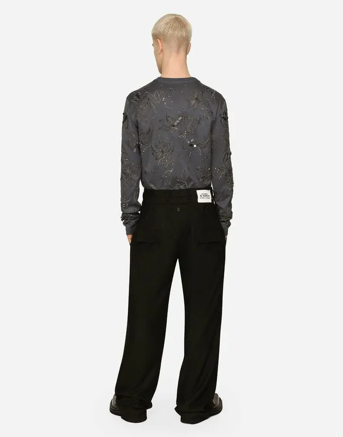 Dolce and Gabbana Trousers And Shorts Men Stretch Wool Pants With Double Belt Black Dolce and Gabbana Trousers And Shorts Men Stretch Wool Pants With Double Belt Black