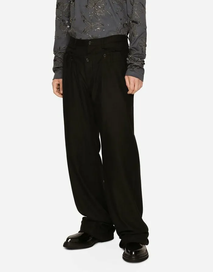 Dolce and Gabbana Trousers And Shorts Men Stretch Wool Pants With Double Belt Black Dolce and Gabbana Trousers And Shorts Men Stretch Wool Pants With Double Belt Black