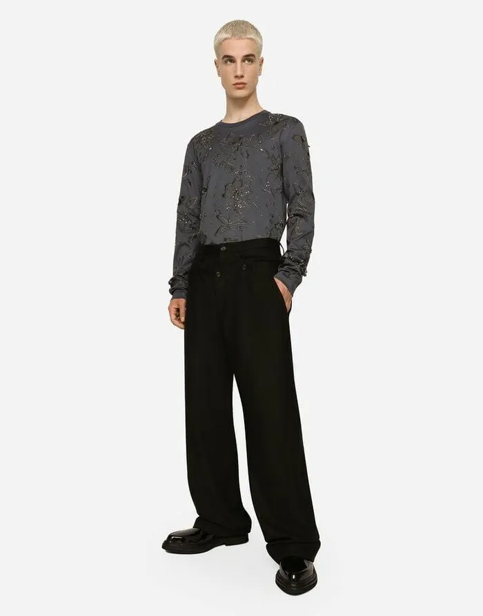 Dolce and Gabbana Trousers And Shorts Men Stretch Wool Pants With Double Belt Black Dolce and Gabbana Trousers And Shorts Men Stretch Wool Pants With Double Belt Black