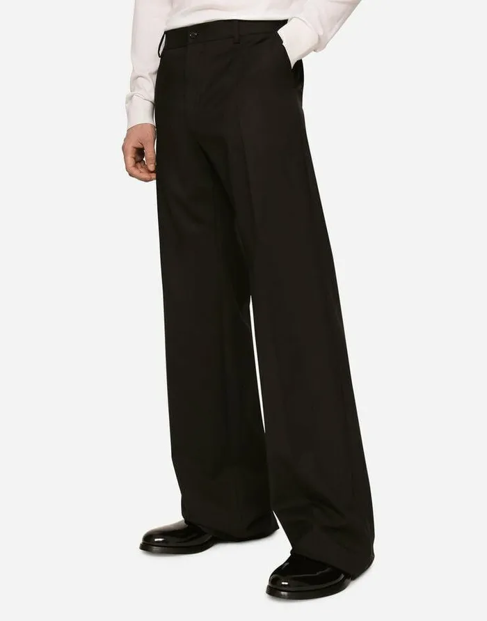Dolce and Gabbana Trousers And Shorts Men Stretch Wool Twill Pants With Wide Leg Black Dolce and Gabbana Trousers And Shorts Men Stretch Wool Twill Pants With Wide Leg Black