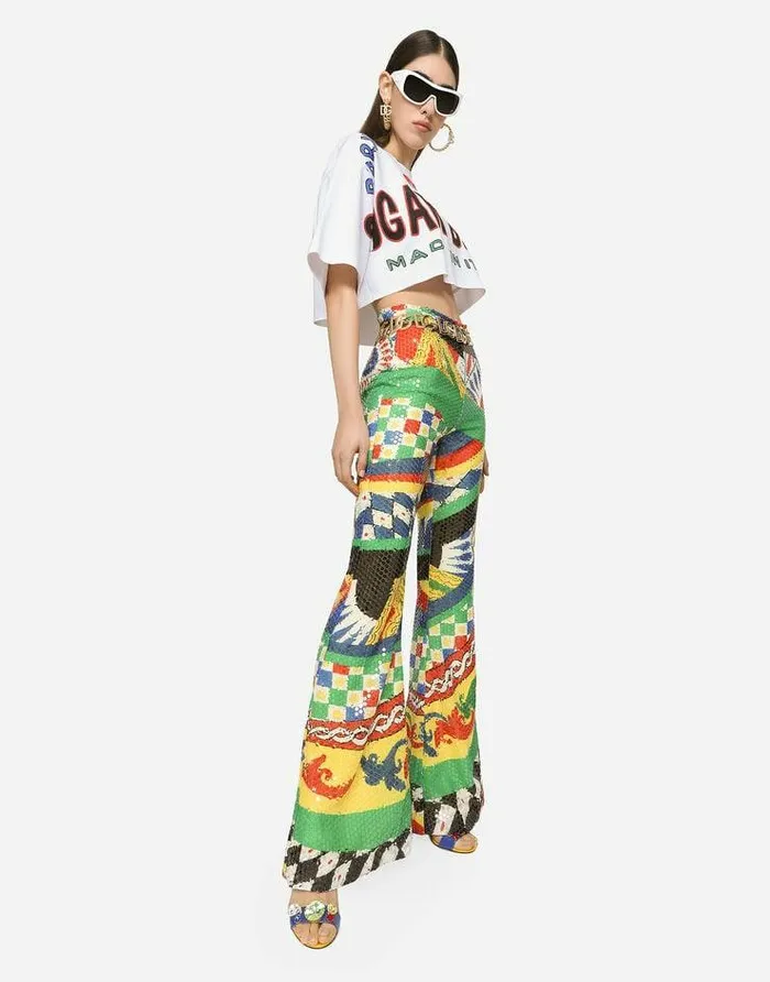 Dolce and Gabbana Trousers And Shorts Women Flared And Sequined Carrettopattern Pants Multicolor Dolce and Gabbana Trousers And Shorts Women Flared And Sequined Carrettopattern Pants Multicolor