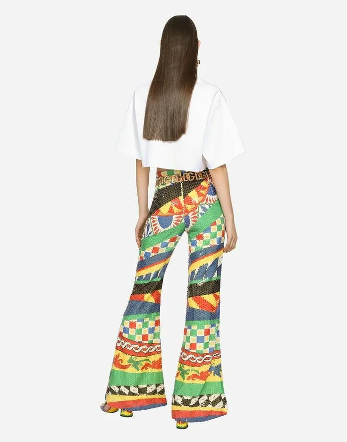 Dolce and Gabbana Trousers And Shorts Women Flared And Sequined Carrettopattern Pants Multicolor Dolce and Gabbana Trousers And Shorts Women Flared And Sequined Carrettopattern Pants Multicolor
