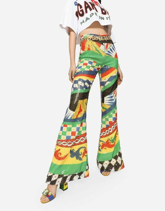 Dolce and Gabbana Trousers And Shorts Women Flared And Sequined Carrettopattern Pants Multicolor Dolce and Gabbana Trousers And Shorts Women Flared And Sequined Carrettopattern Pants Multicolor