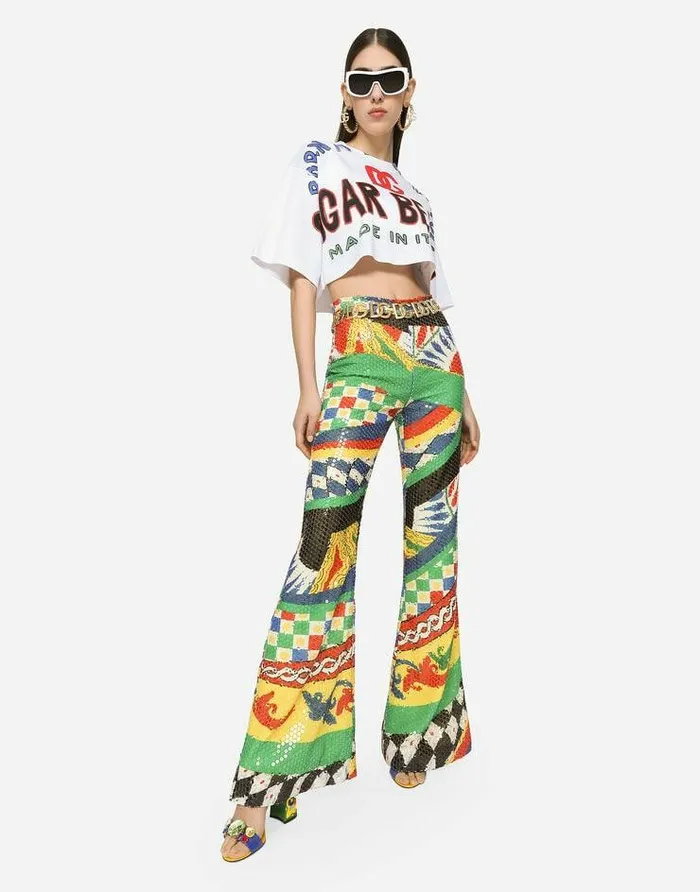 Dolce and Gabbana Trousers And Shorts Women Flared And Sequined Carrettopattern Pants Multicolor Dolce and Gabbana Trousers And Shorts Women Flared And Sequined Carrettopattern Pants Multicolor
