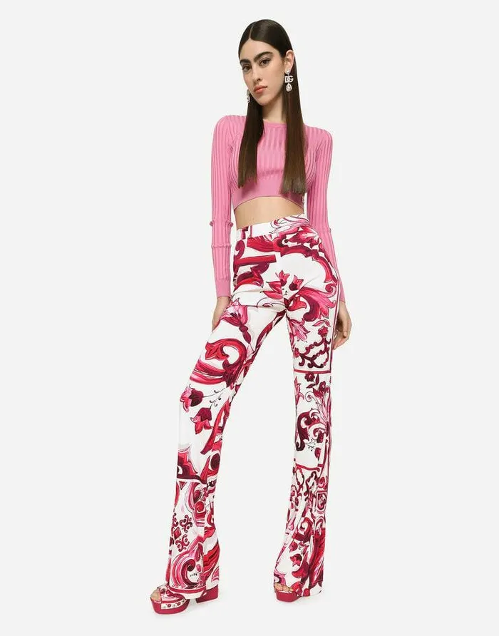 Dolce and Gabbana Trousers And Shorts Women Flared Majolicaprint Organzine Pants Multicolor Dolce and Gabbana Trousers And Shorts Women Flared Majolicaprint Organzine Pants Multicolor