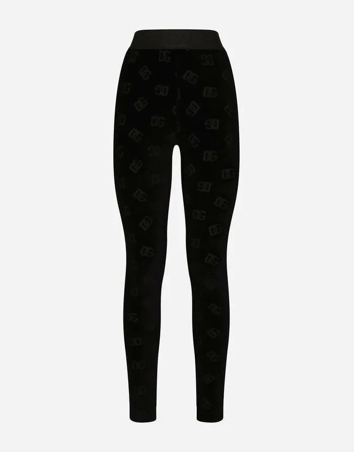 Dolce and Gabbana Trousers And Shorts Women Flocked Jersey Leggings With Allover DG Logo Black Dolce and Gabbana Trousers And Shorts Women Flocked Jersey Leggings With Allover DG Logo Black
