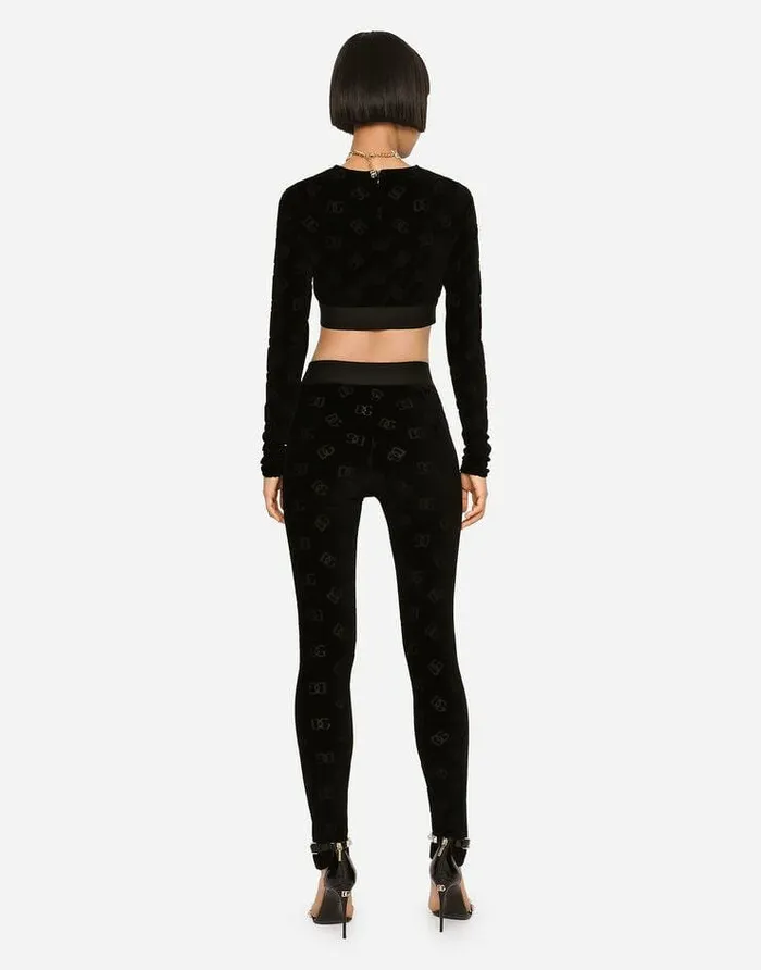 Dolce and Gabbana Trousers And Shorts Women Flocked Jersey Leggings With Allover DG Logo Black Dolce and Gabbana Trousers And Shorts Women Flocked Jersey Leggings With Allover DG Logo Black