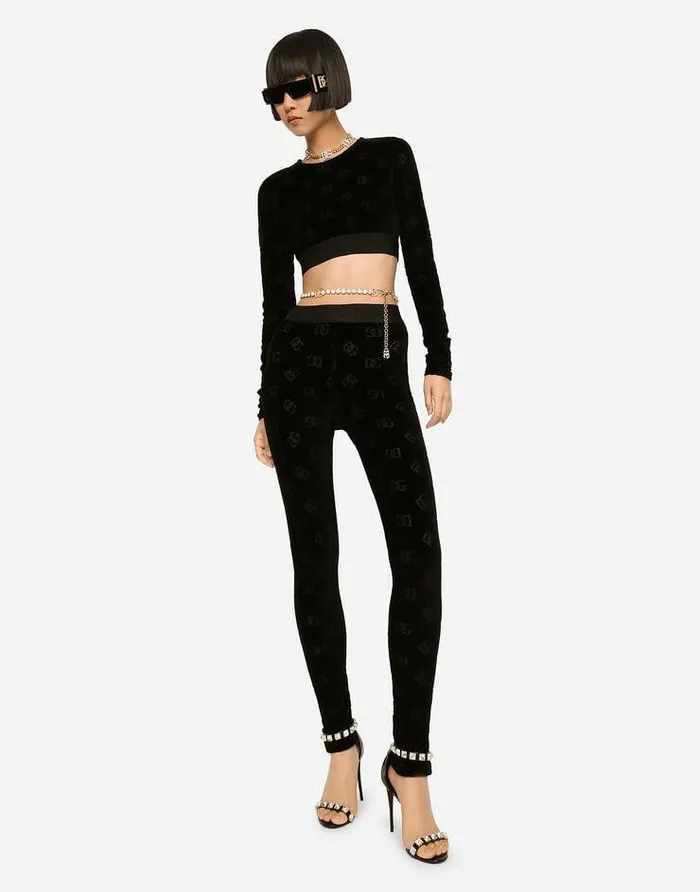 Dolce and Gabbana Trousers And Shorts Women Flocked Jersey Leggings With Allover DG Logo Black Dolce and Gabbana Trousers And Shorts Women Flocked Jersey Leggings With Allover DG Logo Black
