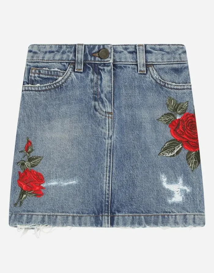 Dolce and Gabbana Trousers And Skirts Children 5pocket Short Denim Skirt With Rose Patch Azure Dolce and Gabbana Trousers And Skirts Children 5pocket Short Denim Skirt With Rose Patch Azure
