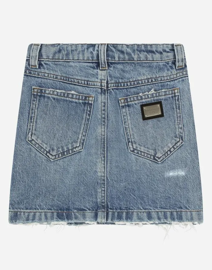 Dolce and Gabbana Trousers And Skirts Children 5pocket Short Denim Skirt With Rose Patch Azure Dolce and Gabbana Trousers And Skirts Children 5pocket Short Denim Skirt With Rose Patch Azure