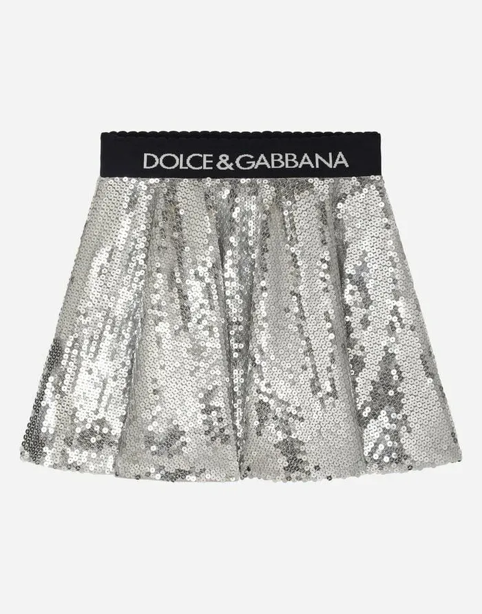 Dolce and Gabbana Trousers And Skirts Children Sequined Midi Skirt With Branded Elastic Silver Dolce and Gabbana Trousers And Skirts Children Sequined Midi Skirt With Branded Elastic Silver
