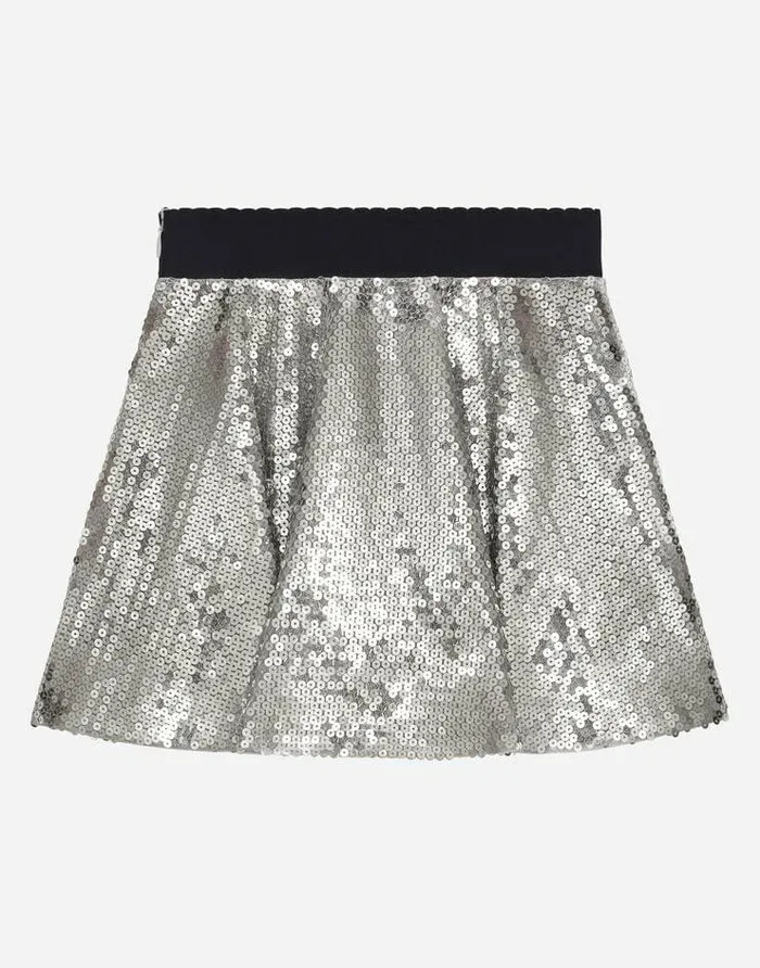 Dolce and Gabbana Trousers And Skirts Children Sequined Midi Skirt With Branded Elastic Silver Dolce and Gabbana Trousers And Skirts Children Sequined Midi Skirt With Branded Elastic Silver
