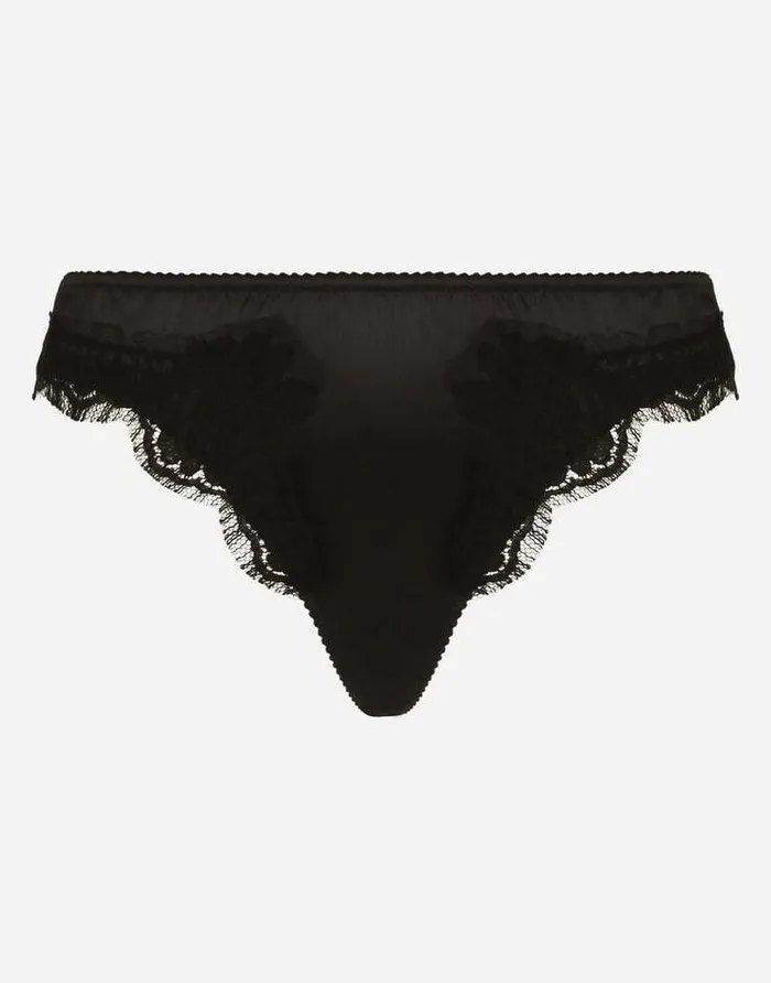 Dolce and Gabbana Underwear Women Satin Thong With Lace Black