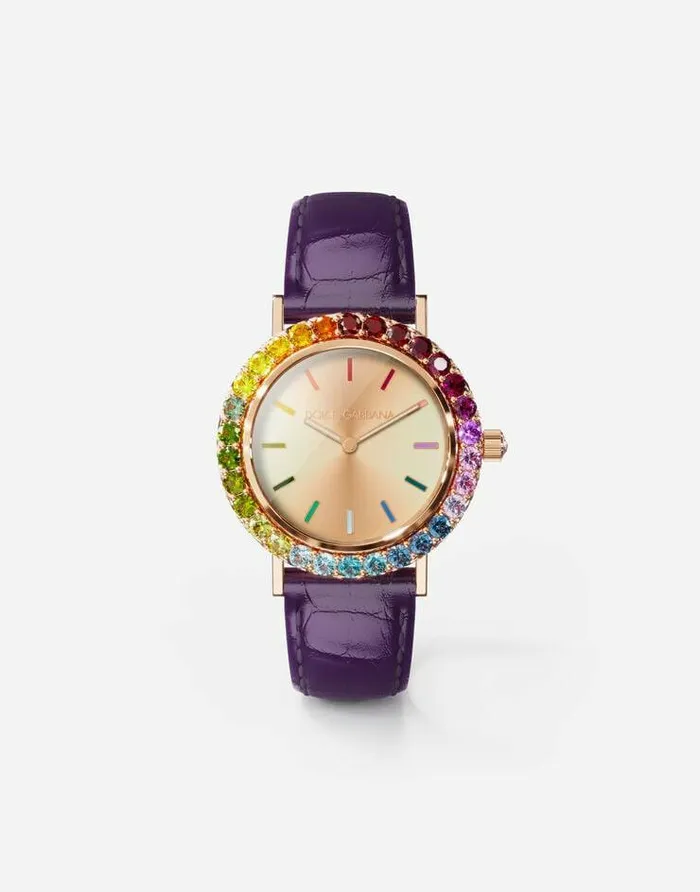 Dolce and Gabbana WatchesandStraps Women Iris Watch In Rose Gold With Multicolored Fine Gems Purple Dolce and Gabbana WatchesandStraps Women Iris Watch In Rose Gold With Multicolored Fine Gems Purple