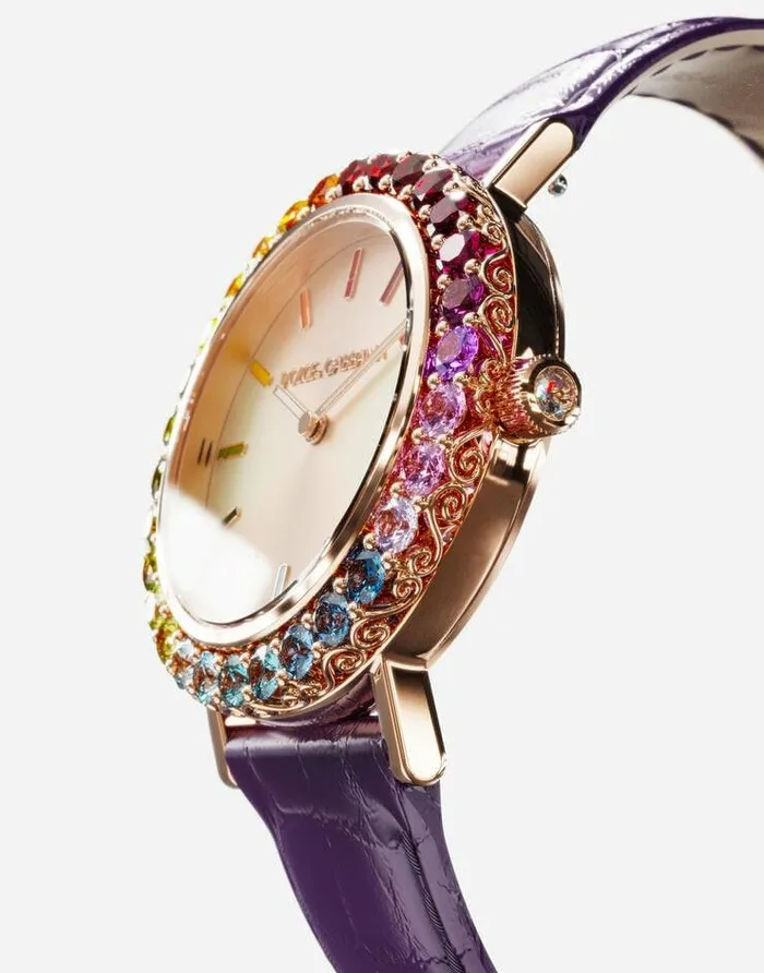 Dolce and Gabbana WatchesandStraps Women Iris Watch In Rose Gold With Multicolored Fine Gems Purple Dolce and Gabbana WatchesandStraps Women Iris Watch In Rose Gold With Multicolored Fine Gems Purple