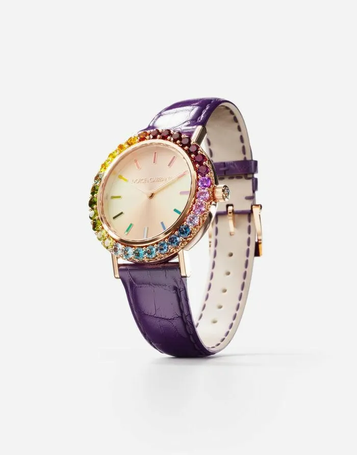Dolce and Gabbana WatchesandStraps Women Iris Watch In Rose Gold With Multicolored Fine Gems Purple Dolce and Gabbana WatchesandStraps Women Iris Watch In Rose Gold With Multicolored Fine Gems Purple