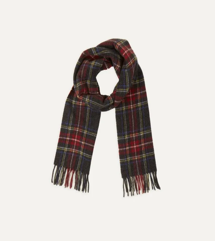 Drake039s Black Stewart Tartan Lambswool Washed Check Scarf 8211 Accessories