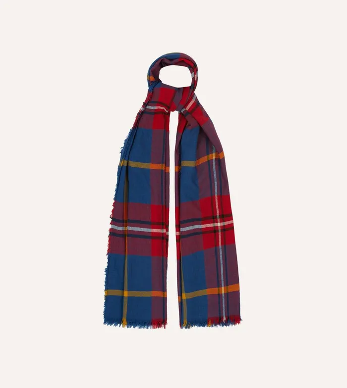 Drake039s Blue Tartan Washed Check Wool Scarf 8211 Accessories