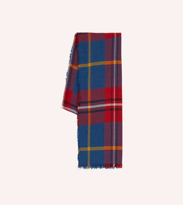 Drake039s Blue Tartan Washed Check Wool Scarf 8211 Accessories