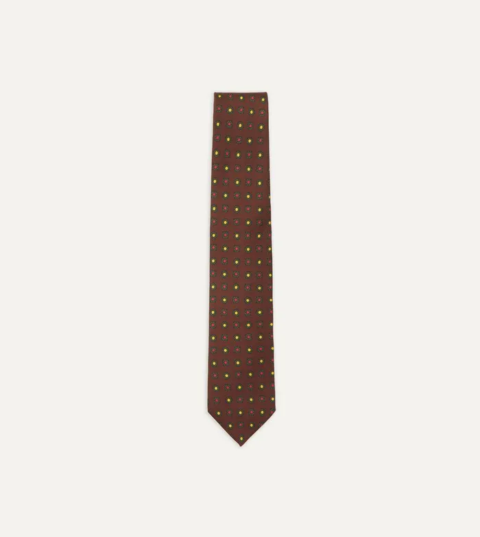 Drake039s Brown And Green Geometric Medallion Print Madder Twill Silk Tie 8211 Ties