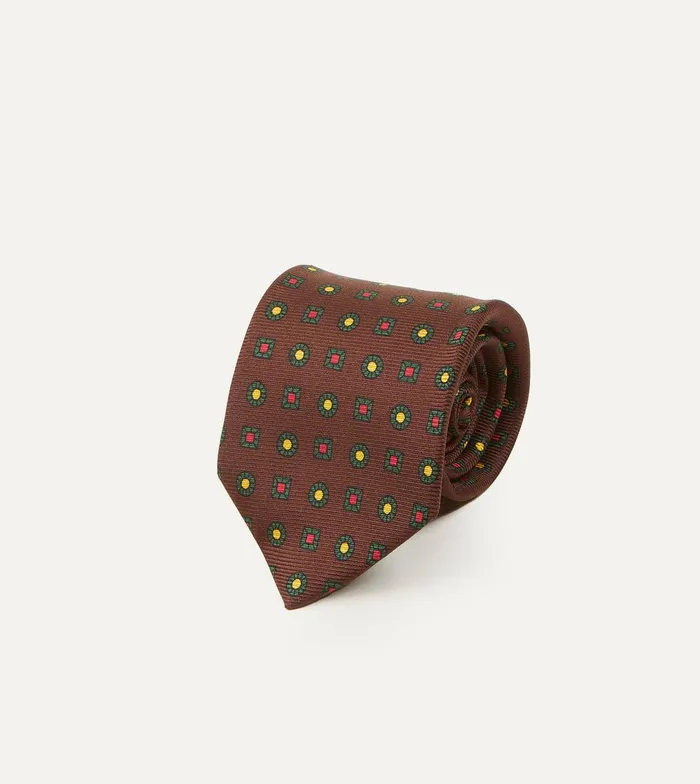 Drake039s Brown And Green Geometric Medallion Print Madder Twill Silk Tie 8211 Ties