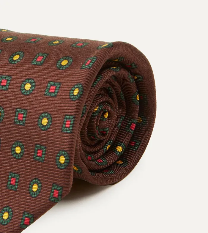 Drake039s Brown And Green Geometric Medallion Print Madder Twill Silk Tie 8211 Ties