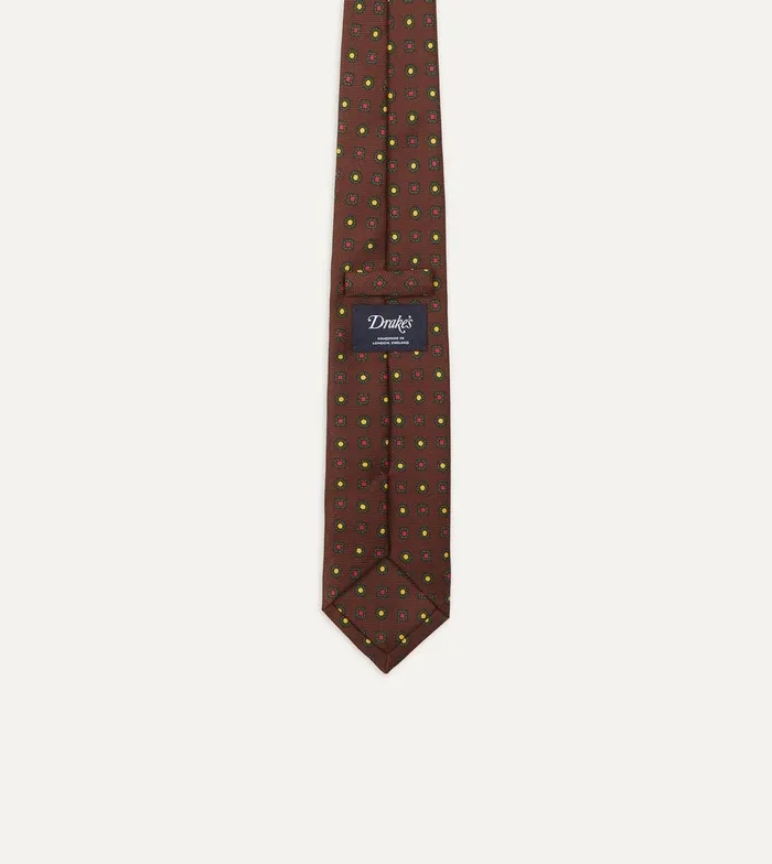 Drake039s Brown And Green Geometric Medallion Print Madder Twill Silk Tie 8211 Ties