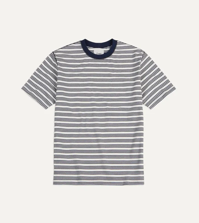 Drake039s Ecru And Navy Triple Stripe Cotton Crew Neck Hiking TShirt 8211 Clothing Drake039s Ecru And Navy Triple Stripe Cotton Crew Neck Hiking TShirt 8211 Clothing