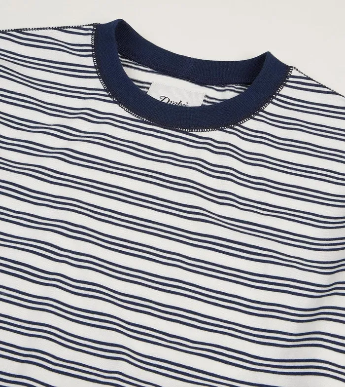 Drake039s Ecru And Navy Triple Stripe Cotton Crew Neck Hiking TShirt 8211 Clothing