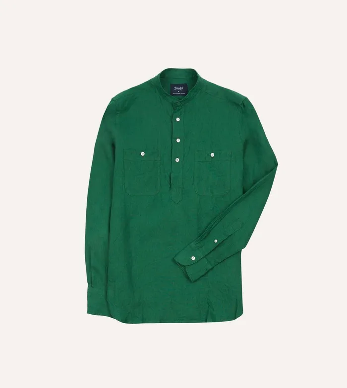 Drake039s Green Linen Mandarin Collar Popover Shirt 8211 Shirts