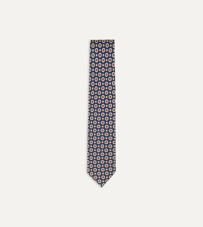 Drake039s Navy And Red Geometric Medallion Print Silk Foulard Tie 8211 Ties