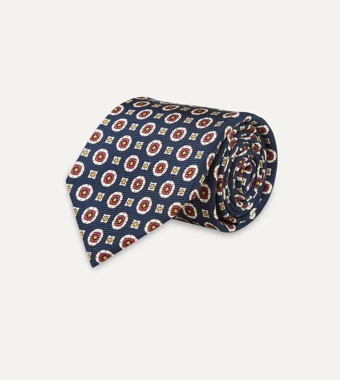 Drake039s Navy And Red Geometric Medallion Print Silk Foulard Tie 8211 Ties