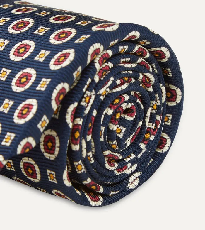 Drake039s Navy And Red Geometric Medallion Print Silk Foulard Tie 8211 Ties