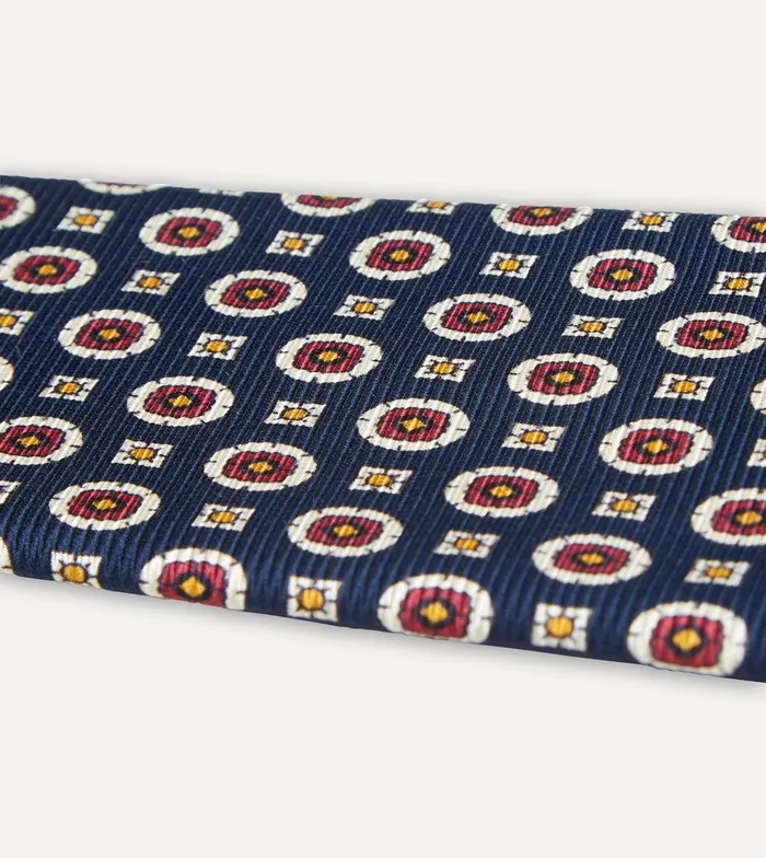 Drake039s Navy And Red Geometric Medallion Print Silk Foulard Tie 8211 Ties