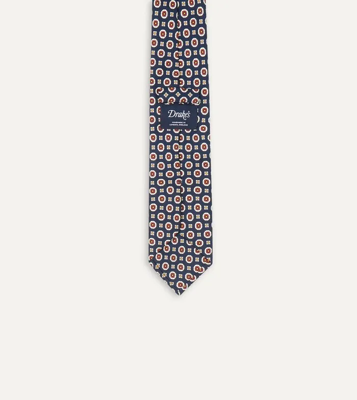 Drake039s Navy And Red Geometric Medallion Print Silk Foulard Tie 8211 Ties